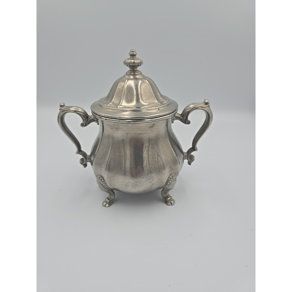 International Pewter USA Vintage Lidded Sugar Bowl 6 In Double Handle Footed